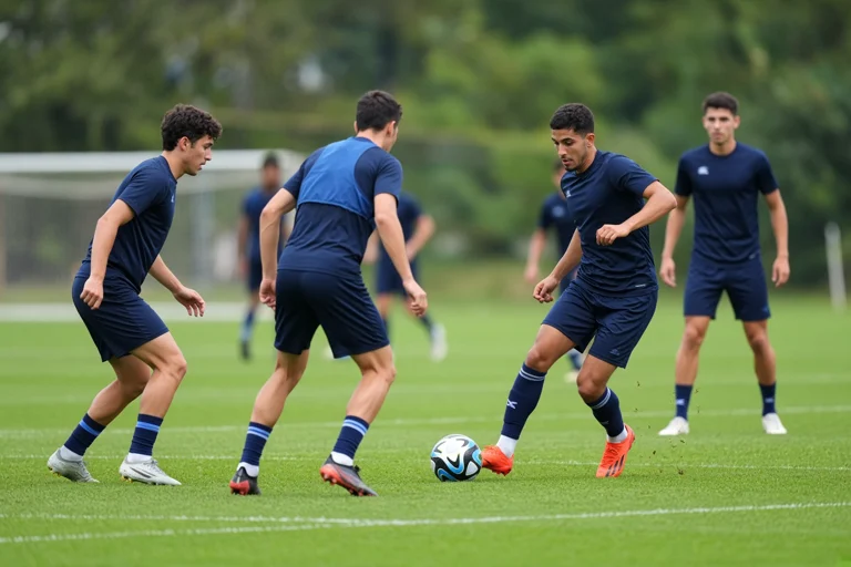 足球队员在训练场进行团队配合演练,展现备战世界杯的竞技氛围